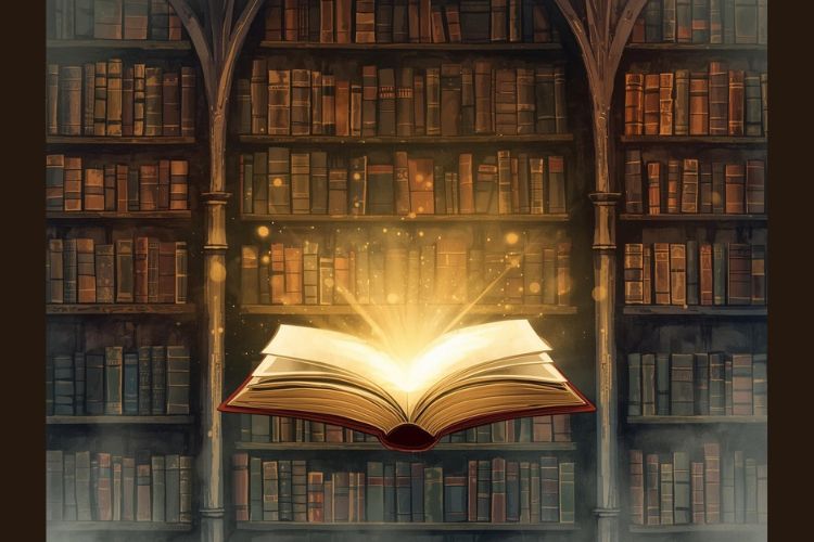 水彩画風のイラスト。薄暗い古い図書館の巨大な本棚を背景に、一冊の魔法の本が宙に浮き、温かい金色の光ときらめきを放っている幻想的なシーン。