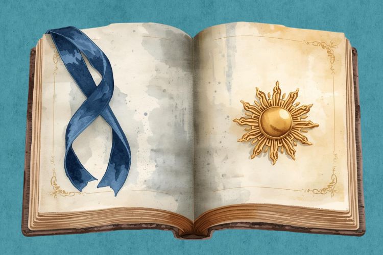 水彩画風のイラスト。画面が左右に二分割されており、左側には古い本に挟まれた深い青色のシルクリボンのしおり(知性の象徴)、右側には古い本に挟まれた輝く金色の太陽のチャームのしおり(直感の象徴)が描かれている。運命の選択肢を示すシーン。