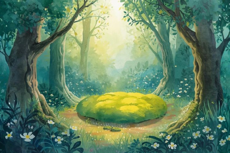 水彩画タッチで描かれた幻想的な森の風景。木漏れ日が差し込む中、柔らかな苔（こけ）のベッドがあり、物語の始まりを予感させる「ココロの森」の入り口。