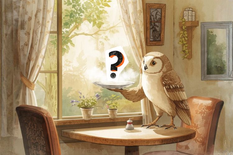 水彩画タッチのイラスト。森のカフェの店主である知的なフクロウが、お盆を持ってこちらへ近づいてくる。お盆の上には「魔法のスイーツ」が乗っているが、不思議な光のモヤに包まれていて、まだ正体は見えない。