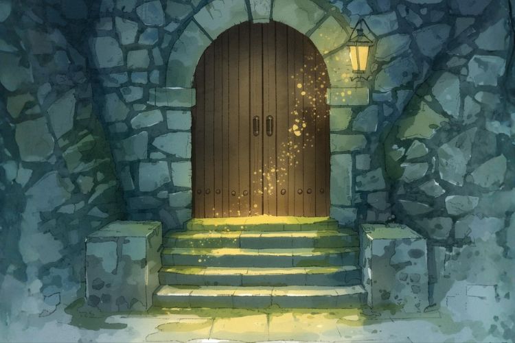 水彩画風のイラスト。夜の「記憶の図書館」の入り口で、重厚な木の扉が再び静かに閉ざされている。月明かりの下、扉から温かい金色の魔法の粒子が微かに漂い、物語の余韻とこれから紹介する香りを象徴している静かなシーン。