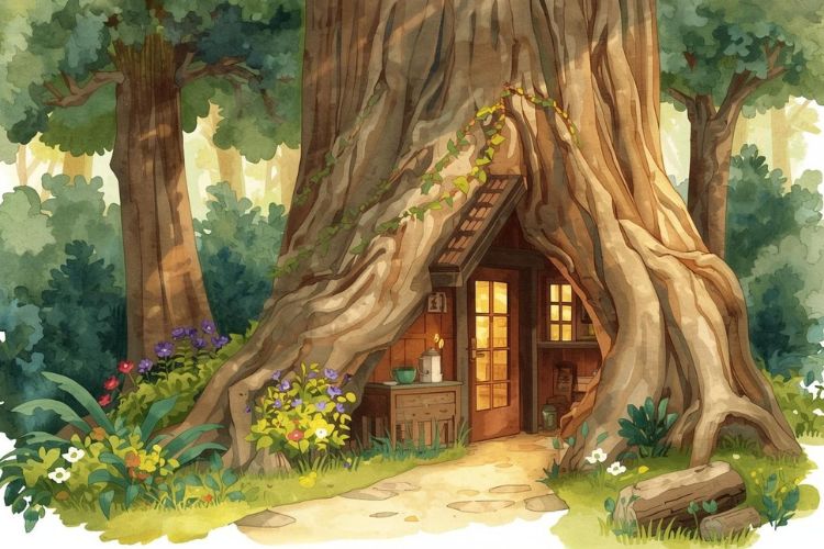 水彩画タッチのイラスト。森の奥にある巨大な古木（こぼく）の幹につくられた、温かみのある隠れ家カフェの外観。入り口には「迷い子カフェ」と手書きされた木の看板が掛かっている。