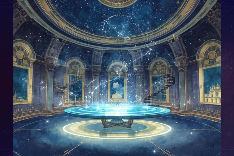 水彩画風のSFファンタジーイラスト。巨大なドーム状の部屋「星屑の製図室」。壁一面に銀河の星図がプラネタリウムのように投影され、中央には青く光るホログラムの製図台が浮かんでいる。螺旋階段と古書があり、知的な静寂に包まれた空間。