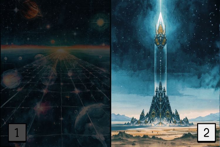 水彩画風の2分割イラスト。右側の「孤高の塔」が明るく強調され、左側の「光のネットワーク」は暗くなっている。Bを選んだ結果のイメージ。