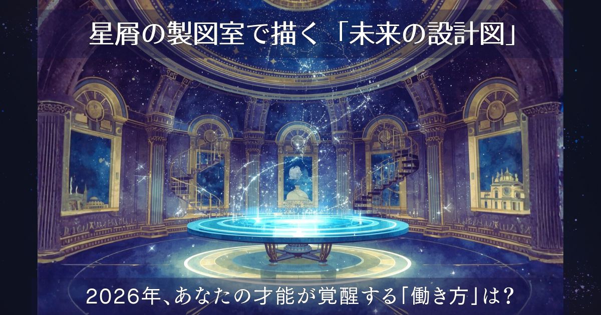 水彩画風のSFファンタジーイラスト。巨大なドーム状の部屋「星屑の製図室」。壁一面に銀河の星図がプラネタリウムのように投影され、中央には青く光るホログラムの製図台が浮かんでいる。螺旋階段と古書があり、知的な静寂に包まれた空間。
