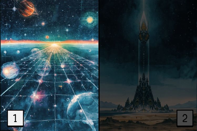 水彩画風の2分割イラスト。左側の「宇宙の光のネットワーク」が明るく強調され、右側の「孤高の塔」は暗くなっている。Aを選んだ結果のイメージ。