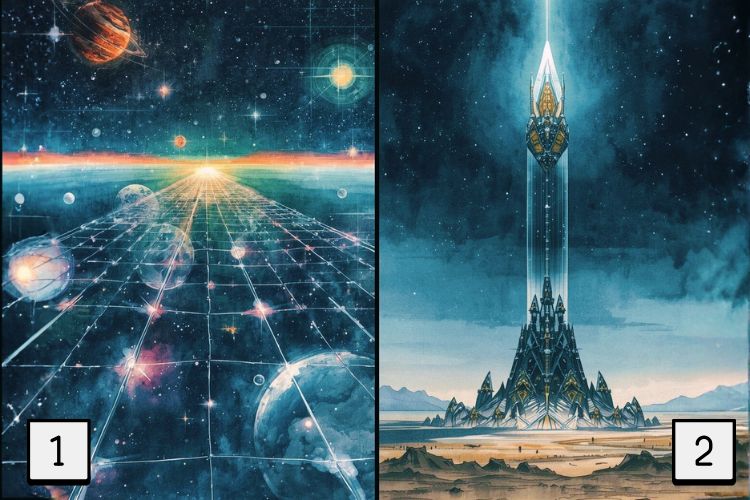 水彩画風のイラスト。画面が左右に二分割されている。左側は宇宙空間で星と星を繋ぐ複雑な「光のネットワークの橋」。右側は荒野に一本だけ高くそびえ立つ、クリスタルと金属でできた美しい「孤高の塔」。