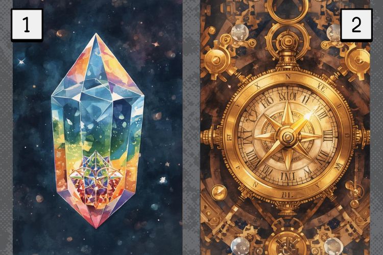 水彩画風のイラスト。画面が左右に二分割されている。左側は光を七色に屈折させる透明な多面体「クリスタル・プリズム」。右側は精巧な歯車と装飾が施され、揺るぎなく真北を指す「黄金のコンパス」。