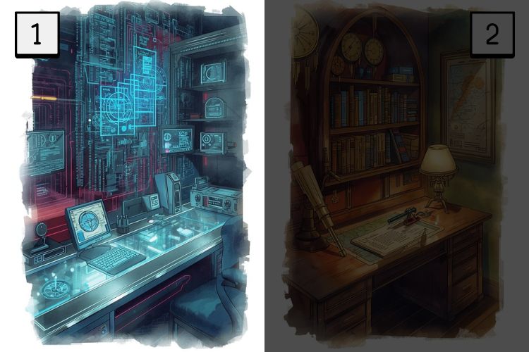 水彩画風の2分割イラスト。左側の「近未来的なデジタルデスク」が明るく強調され、右側の「天文学者のデスク」は暗くなっている。Aを選んだ結果のイメージ。
